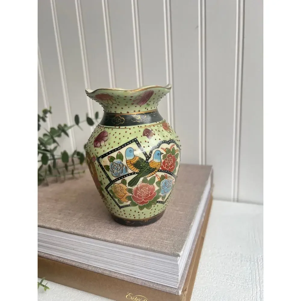Vintage Aris Import Blue Bird Motif Asian-Inspired Floral Vase | 5